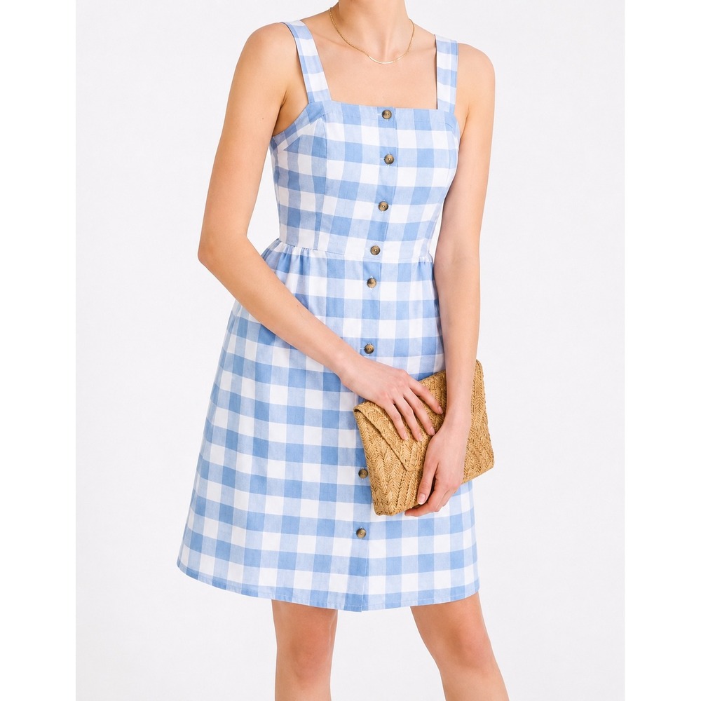 J Crew Blue White Gingham Button Front Sundress Size 14 Sleeveless Mini Dress